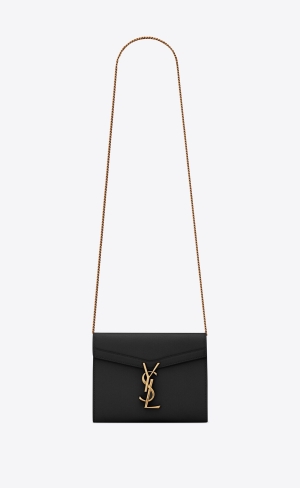 YSL Cassandra Chain Wallet In Grain De Poudre Embossed Leather Black | JKFRT5420