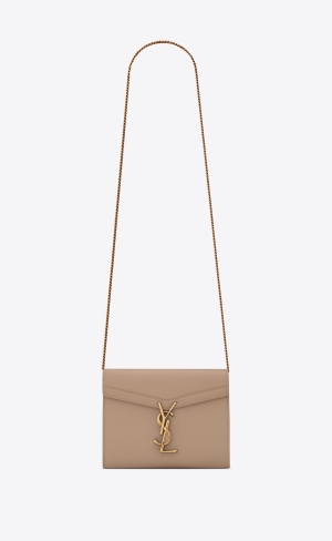 YSL Cassandra Chain Wallet In Grain De Poudre Embossed Leather Dark Beige | KRQWA2978