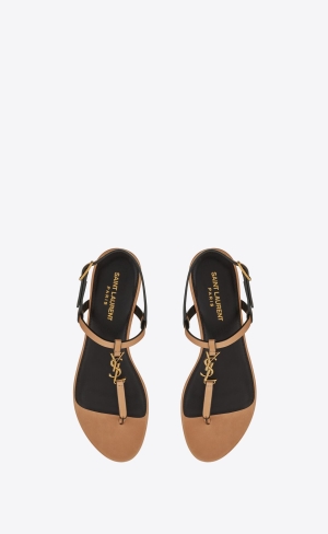 YSL Cassandra Sandals In Vegetable-tanned Leather Marron Gold | LXBAV8793