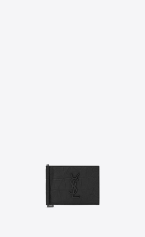 YSL Cassandre Bill Clip Wallet In Crocodile-embossed Leather Black | QZSMK2419