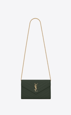 YSL Cassandre Matelassé Chain Wallet In Grain De Poudre Embossed Leather Dark Green | AWNOU2437