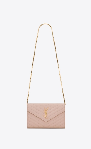 YSL Cassandre Matelassé Chain Wallet In Grain De Poudre Embossed Leather Pale Pink | DLVPR4193