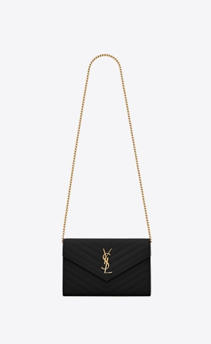 YSL Cassandre Matelassé Chain Wallet In Grain De Poudre Embossed Leather Black | GXJHL9821