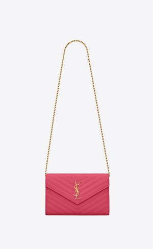 YSL Cassandre Matelassé Chain Wallet In Grain De Poudre Embossed Leather Fuchsia | JOSDT8634