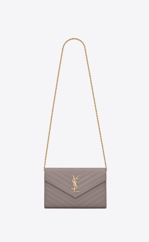 YSL Cassandre Matelassé Chain Wallet In Grain De Poudre Embossed Leather Fog | RLDOC5903