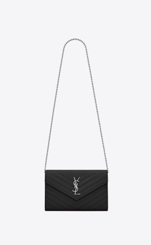 YSL Cassandre Matelassé Chain Wallet In Grain De Poudre Embossed Leather Black | TAPUV6270