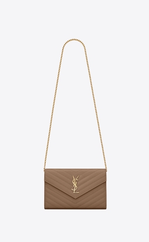 YSL Cassandre Matelassé Chain Wallet In Grain De Poudre Embossed Leather Taupe | ZOFXB8491