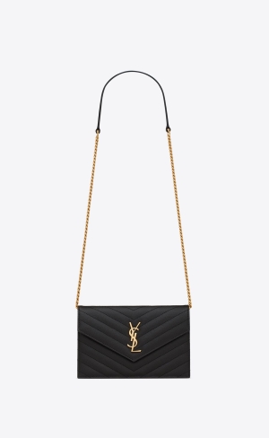 YSL Cassandre Matelassé Envelope Chain Wallet In Grain De Poudre Embossed Leather Noir | EMWGF4935