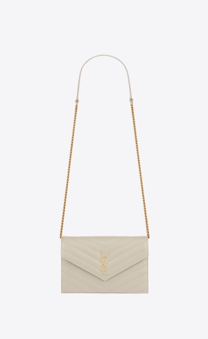 YSL Cassandre Matelassé Envelope Chain Wallet In Grain De Poudre Embossed Leather Crema Soft | GVTRN0892