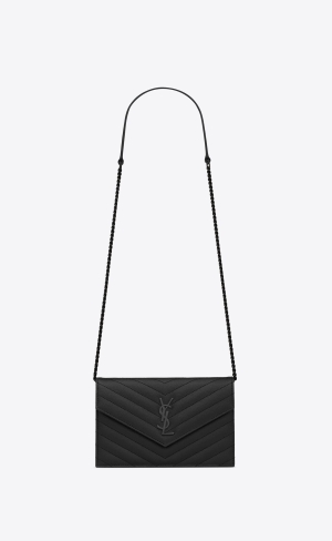 YSL Cassandre Matelassé Envelope Chain Wallet In Grain De Poudre Embossed Leather Noir | NCLRH8647