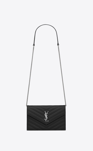 YSL Cassandre Matelassé Envelope Chain Wallet In Grain De Poudre Embossed Leather Noir | OXZGI4697