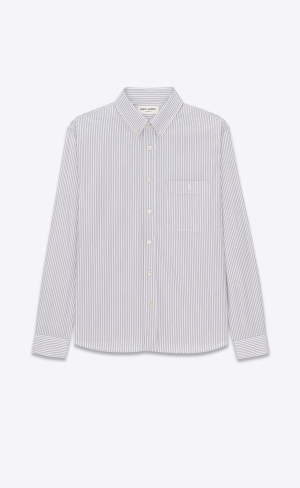 YSL Cassandre Shirt In Striped Cotton Poplin Blanc Et Noir | GBYPW6103