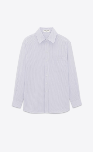 YSL Cassandre Shirt In Striped Cotton Poplin Blanc Bleu | RTIOJ5862