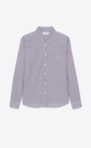 YSL Cassandre Shirt In Striped Cotton Poplin Blanc Et Encre | THSPB6874