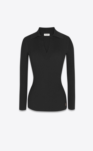 YSL Cassandre Top In Ribbed Knit Noir | JFCQI5170