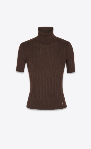 YSL Cassandre Top In Ribbed Silk Marron | POKMI9823