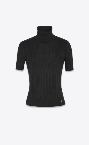 YSL Cassandre Top In Ribbed Silk Noir | KXAGF2531