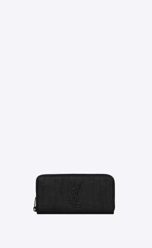 YSL Cassandre Zip-around Wallet In Crocodile-embossed Leather Black | QJGAE6123