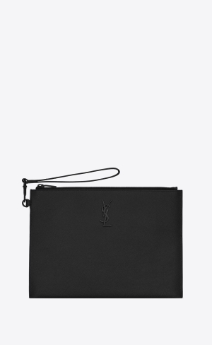 YSL Cassandre Zipped Tablet Holder In Grain De Poudre-embossed Leather Noir | ASZGM3127