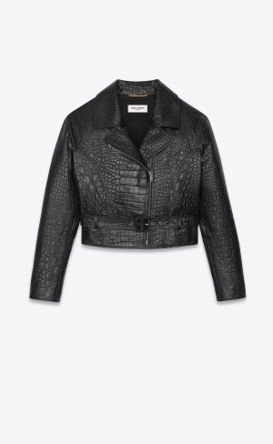 YSL Cropped Jacket In Crocodile-embossed Leather Black | DGMAZ9506