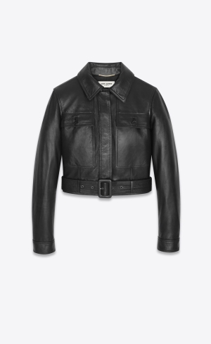 YSL Cropped Jacket In Drummed Lambskin Noir | NHYLU8297