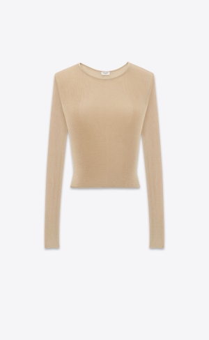 YSL Cropped Top In Ribbed Knit Beige | MABEL1608