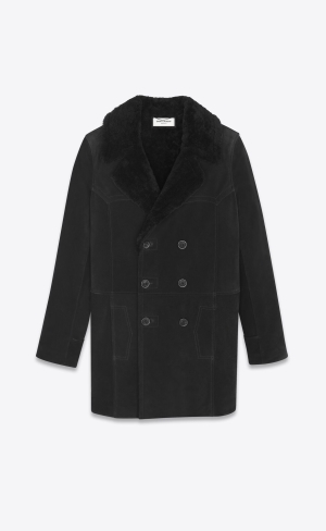 YSL Double-breasted Coat In Suede And Shearling Black | ANLXS3024