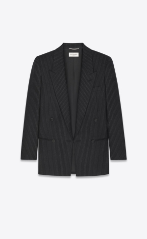 YSL Double-breasted Jacket In Pinstripe Wool Noir Craie | POZWD9186