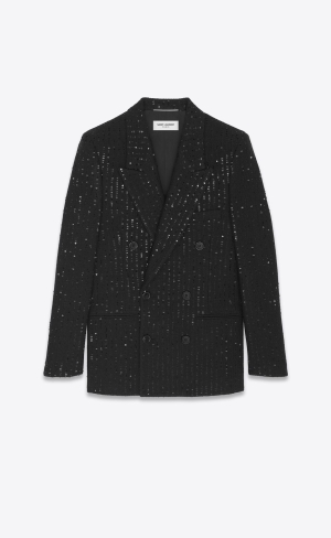 YSL Double-breasted Jacket In Sequined Tweed Noir Brilliant | IAKPV1946