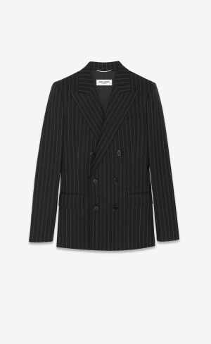 YSL Double-breasted Jacket In Striped Wool Noir Craie | RHFBS4875