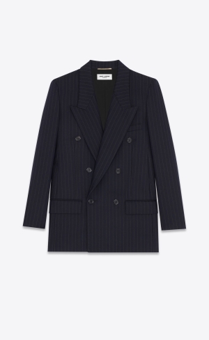 YSL Double-breasted Jacket In Striped Wool Marine Gris | UWDZH1502