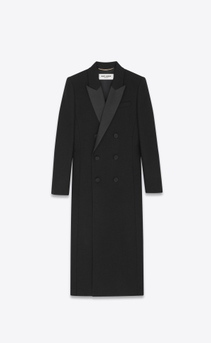 YSL Double-breasted Tuxedo Coat In Crepe Wool Noir | AIXQD7163