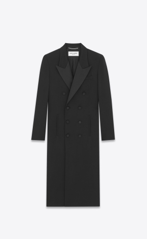 YSL Double-breasted Tuxedo Coat In Satin Wool Black | DGQUV4315