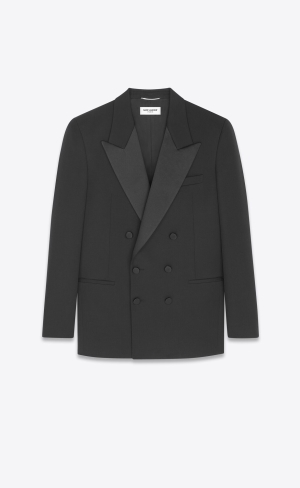 YSL Double-breasted Tuxedo Jacket In Grain De Poudre Noir | BENVR7954