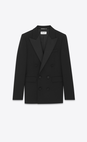 YSL Double-breasted Tuxedo Jacket In Grain De Poudre Black | HKFUM3795