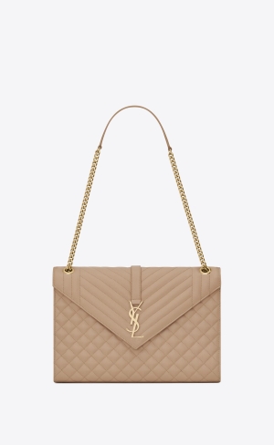 YSL Envelope Large Bag In Mix Matelassé Grain De Poudre Embossed Leather Dark Beige | ZMTOU8692