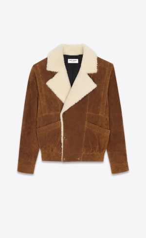 YSL Jacket In Suede And Shearling Noix Et Ecru | LFSGZ4768