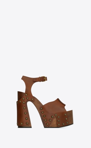 YSL Joan Platform Sandals In Smooth Leather And Wood Noisette | URQNY0384