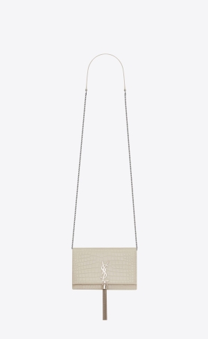 YSL Kate Chain Wallet With Tassel In Crocodile-embossed Leather Blanc Vintage | SXRYD9763