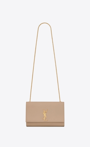 YSL Kate Medium Chain Bag In Grain De Poudre Embossed Leather Dark Beige | UVJMT7458