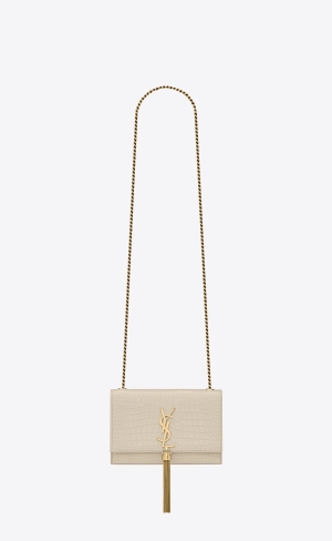 YSL Kate Small Chain Bag With Tassel In Crocodile-embossed Shiny Leather Blanc Vintage | PARKL8927