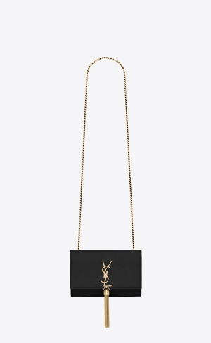 YSL Kate Small Chain Bag With Tassel In Grain De Poudre Embossed Leather Black | TCKVQ2138