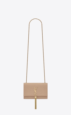 YSL Kate Small Chain Bag With Tassel In Crocodile-embossed Shiny Leather Dark Beige | WGTVX8764