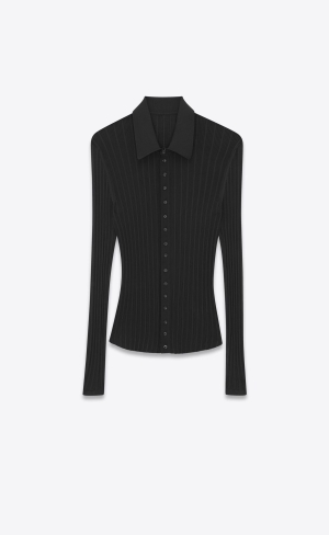 YSL Knitted Shirt In Ribbed Silk Black | JSPIO7293