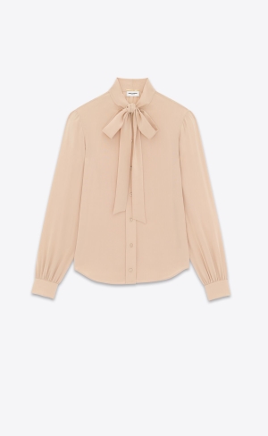 YSL Lavallière-neck Shirt In Crepe De Chine Beige | ZUKMA7502