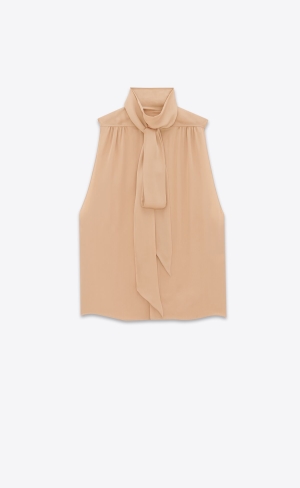 YSL Lavallière-neck Tunic Shirt In Silk Satin Nude | ZXILE7305