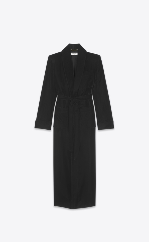 YSL Long Belted Coat In Cupro Velvet Black | BHQXR7023