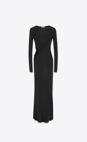 YSL Long Draped Dress In Crepe Jersey Black | YOFBW0512