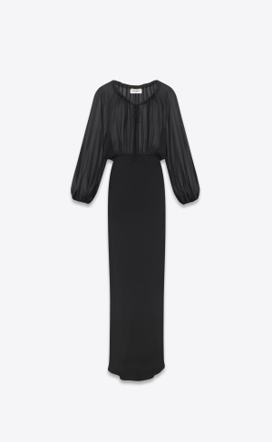 YSL Long Dress In Silk Georgette Black | QFERC7863