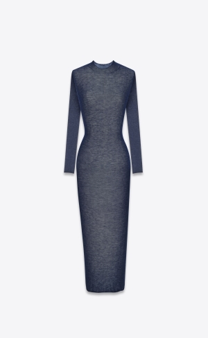 YSL Long Dress In Viscose And Wool Bleu Nuit | FNSEI4529